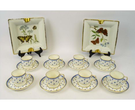 ROYAL CROWN DERBY COFFEE CANTEENS, a set of eight with saucers along with a pair of limoges butterfly ashtrays. (10) 
