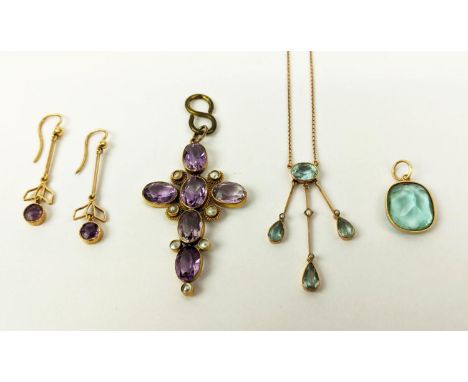 A COLLECTION OF JEWELLERY, comprising an amethyst and seed pearl cross brooch, a pair of 18ct gold amethyst earrings, a 9ct g