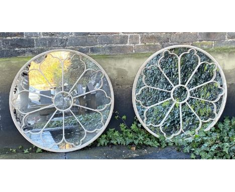 ARCHITECTURAL GARDEN WALL MIRRORS, a pair, regency style 80cm diam. 