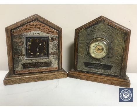 Two 1920's oak presentation mantel clock, The Newcastle District Motor Club