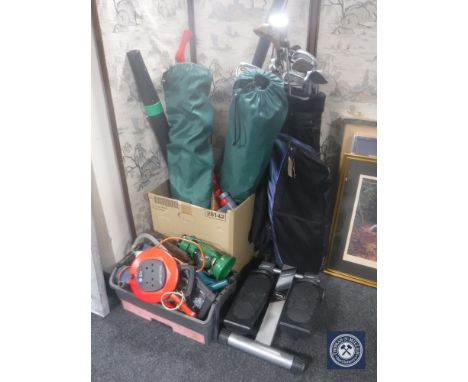 Two folding garden chairs, garden vacuum, electric hedge trimmer and a basket of hand tools, electric drill, extension lead e