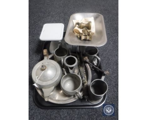 A tray of 20th century kitchen scales and set of brass graduated weights, three piece Evans &amp; Matthew pewter tea service,