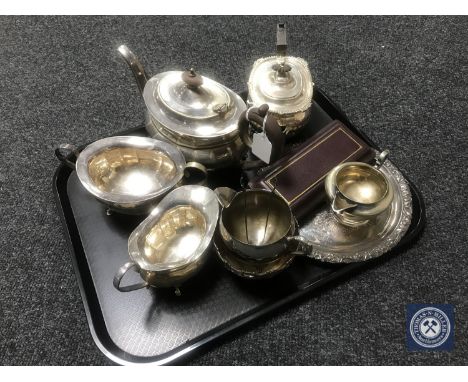 A tray of silver plated tea service, teapot, tray etc