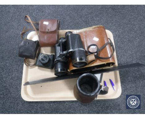 A tray containing pair of Carl Zeiss binoculars, camera, folding draughtsman's rule etc CONDITION REPORT: Carl Zeiss Dekaris 