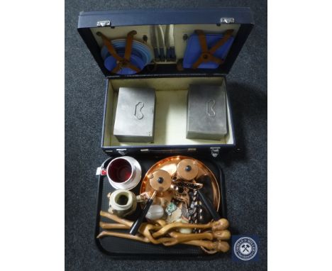 A mid 20th century cased picnic set and a tray of Toby jug, china, copper coffee pots, tribal art etc 