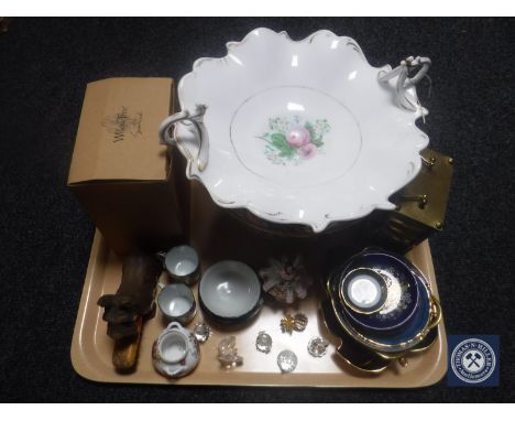 A gilt mantel clock, together with an oriental bowl, a boxed Willow Tree ornament, hand painted fruit bowl, ornaments, etc, e