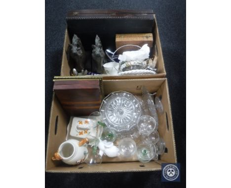 Two boxes of oak canteen of part cutlery, cased dessert spoons, glass ware, pair of horse head bookends, Cathedral Crystal ma
