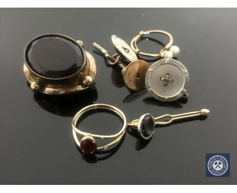 A collection of yellow metal jewellery, pair of mother of pearl cufflinks etc