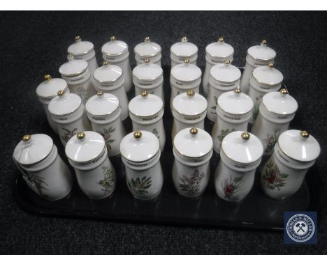 A pine spice rack containing twenty-five flower fairies spice jars 