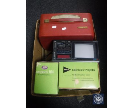 A box of cased Ferguson reel to reel player, Compact 150 projector, Colour Master projector and a Sashio miniature TV radio 