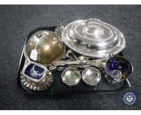 A tray of assorted 20th century plated wares including entree dish, muffin dish assorted flatware etc