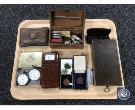 A tray of silver pocket watch, embossed leather cigar case, medals and coins, box of ephemera etc