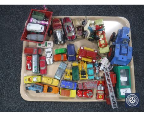 A tray of mid 20th century and later play worn die cast vehicles, Corgi Chitty Chitty Bang Bang etc 