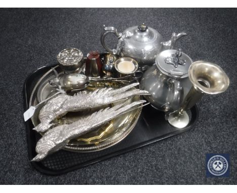 A tray of plated wares including two pheasants, teapot, gallery tray, miniature wine coolers etc 