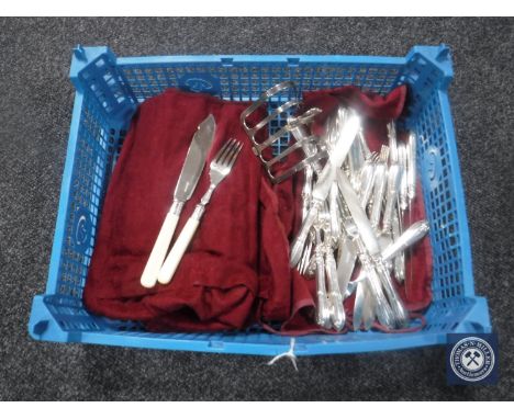 A box of set of plated fish knives and forks with silver collars in cloth bag, plated toast rack and Walker &amp; Hall cutler