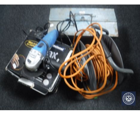 A metal concertina tool box containing hand tools, spanners, Draper angle grinder, etc and a boxed Wax Wizard polisher  