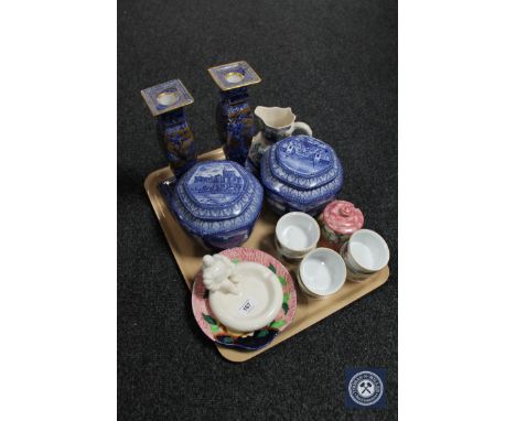 A tray containing two Ringtons Maling caddies, Maling preserve pot, Royal Worcester ramekins, Michelin Man ashtray etc