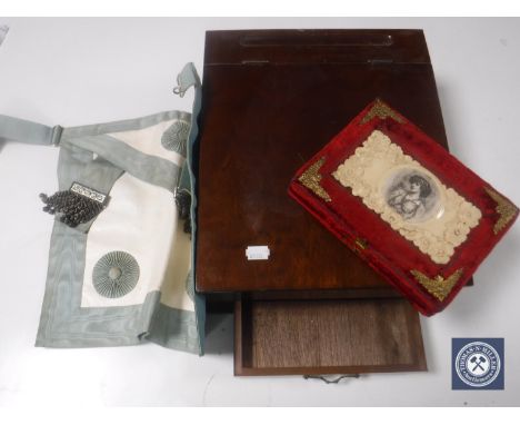 A mahogany writing slope, together with a necessaire and a Masonic sash
