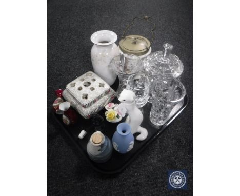 A tray of assorted glass ware, Russian Lomonosov figure of a weasel, Jasperware vase, china and plated biscuit barrel 
