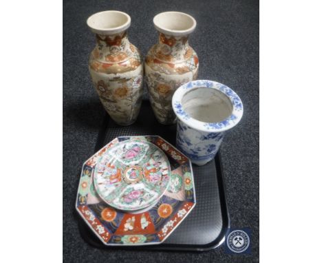 A tray of pair of Japanese vases, 20th century glazed planter and two Chinese plates 