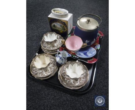 A tray of antique china trios, Wedgwood plated biscuit barrel, Royal Cauldron tea caddy, Royal Copenhagen plate and jug, etc 