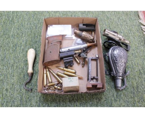 Powder Flask, Bullet key rings, gun grips and other military items 