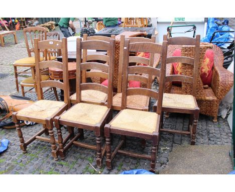 Set of 6 20thC Rush Seated Ladder back dining chairs 