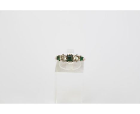 18ct Gold Emerald and Diamond 5 stone ring. Square Cut Emerald flanked by 2 Brilliant Cut Diamonds and Emeralds. Size O. 2.5g