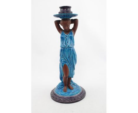Royal Worcester Majolica figural candlestick depicting Classical Lady with impressed mark to base. 31cm in Height 