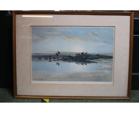 Sir Peter Scott, CH, CBE, DSC &amp; Bar, 1909 ?1989; Print Geese on Mudflats dated 1939 signed in Pencil mounted and Gilt fra