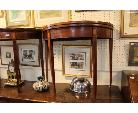 19thC Mahogany and Walnut Inlaid Fold over card table with Baize interior over tapering legs. 96cm in Width 