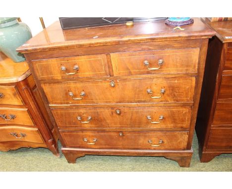 19thC Mahogany Inlaid Chest of 2 over 3 drawers with brass drop handles with bracket feet. 95cm in Width 