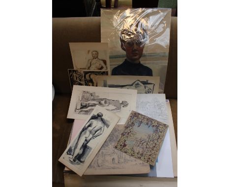 Large Portfolio of various etchings, watercolours inc. R A Storey Portrait of a Girl dated 1959 