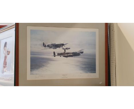 Framed and Mounted Print 'Memorial Flight' by Robert Taylor signed in Pencil by Leonard Cheshire and Peter Townsend
