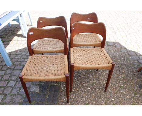 Set of 4 1960's Danish Arne Hovmand Olsen Teak Dining Chairs, with woven seats, each labelled CRAFTSMANSHIP M K MADE IN DENMA