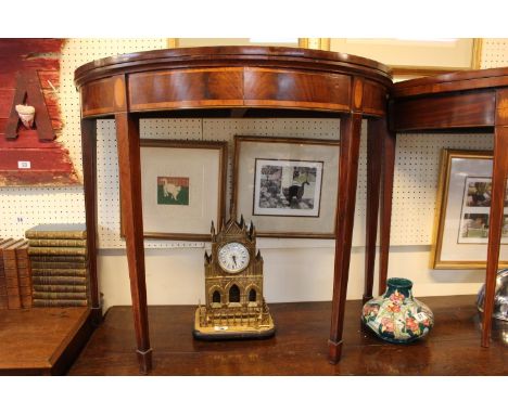 19thC Mahogany and Walnut Inlaid Fold over card table with Baize interior over tapering legs. 91cm in Width 