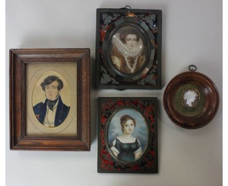 An oval portrait miniature of a young lady signed Frapie, 8cm by 6cm, and another of lady with lace neck ruff, unsigned, 8cm 
