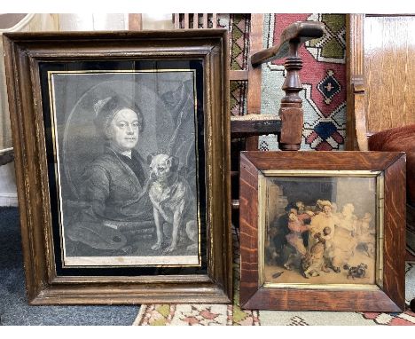 After William Hogarth, self portrait, print, 38cm by 27cm (a/f - cut down), together with a humourous figure group, colour pr