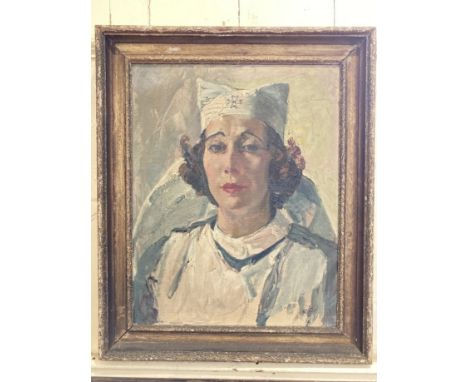 Herbert Holt (1891-1978), portrait of a nurse, Mrs Renee Warburton wife of A/C P Warburton, oil on canvas, signed, verso pape