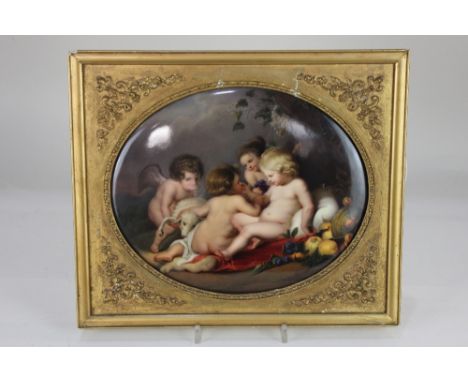 A 19th century Berlin KPM oval porcelain plaque, after Peter Paul Rubens, Jesus, St. John and Two Angels, with impressed KPM 