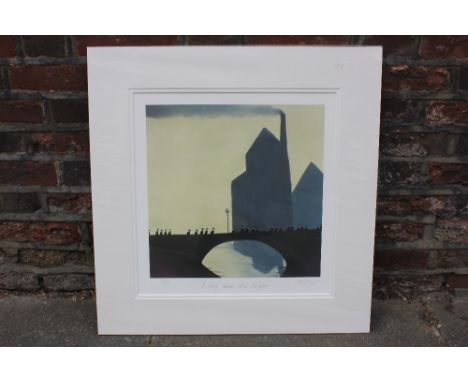 Mackenzie Thorpe, industrial landscape with figure on a bridge, 'Long was the Night', limited edition lithograph, numbered 46