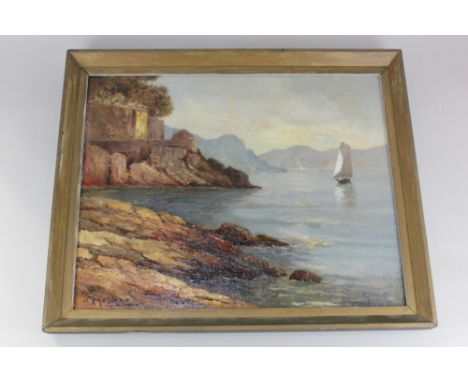 M Melmar, Mediterranean coastal view, possibly Amalfi, oil on board, signed, 39cm by 49cm