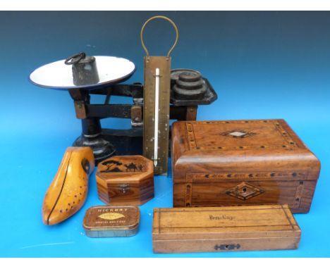 An inlaid box, pencil case, thermometer and a set of kitchen scales with weights