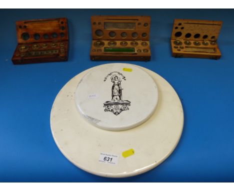 Three near complete sets of weights in wooden cases and two ceramic scale pans