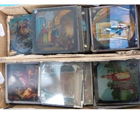 A collection of coloured magic lantern slides depicting children's stories, biblical scenes etc, some slides titled