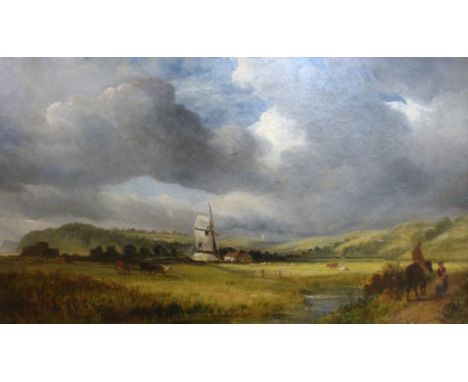 A 19thC oil on canvas of a river, figures, cattle and windmill, 28cm x 49cm, in ornate gilt frame. The reverse of canvas stam