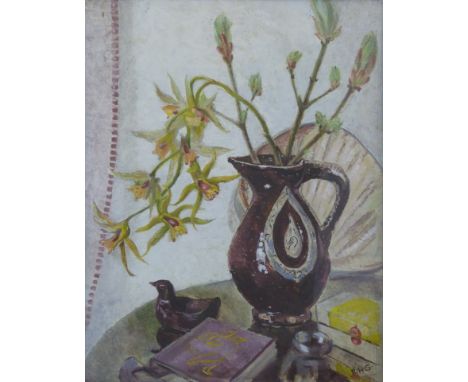 Rudolph Helman Sauter RBA, RI, PSI (1895 - 1977); Oil on card of orchids in a ewer with other table top items. Labels verso s