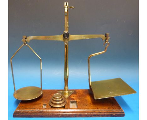 A set of De Grave Short Fanner & Co postage scales, marked to pan GPO with broad arrow, with stack of GPO marked weights by J