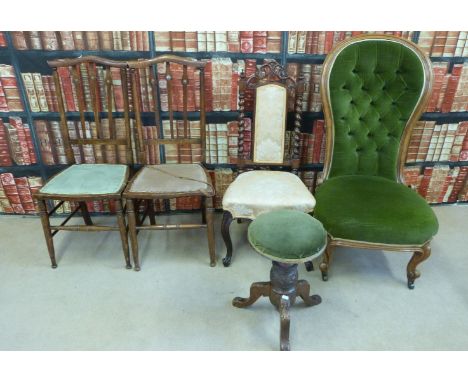 A collection of upholstered chairs and a stool together with a gilt framed wall mirror approx 45cm diameter