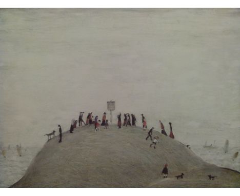 LS Lowry signed print 'The Noticeboard' of a crowd on a hill overlooking the sea; blind stamped lower left and signed in penc